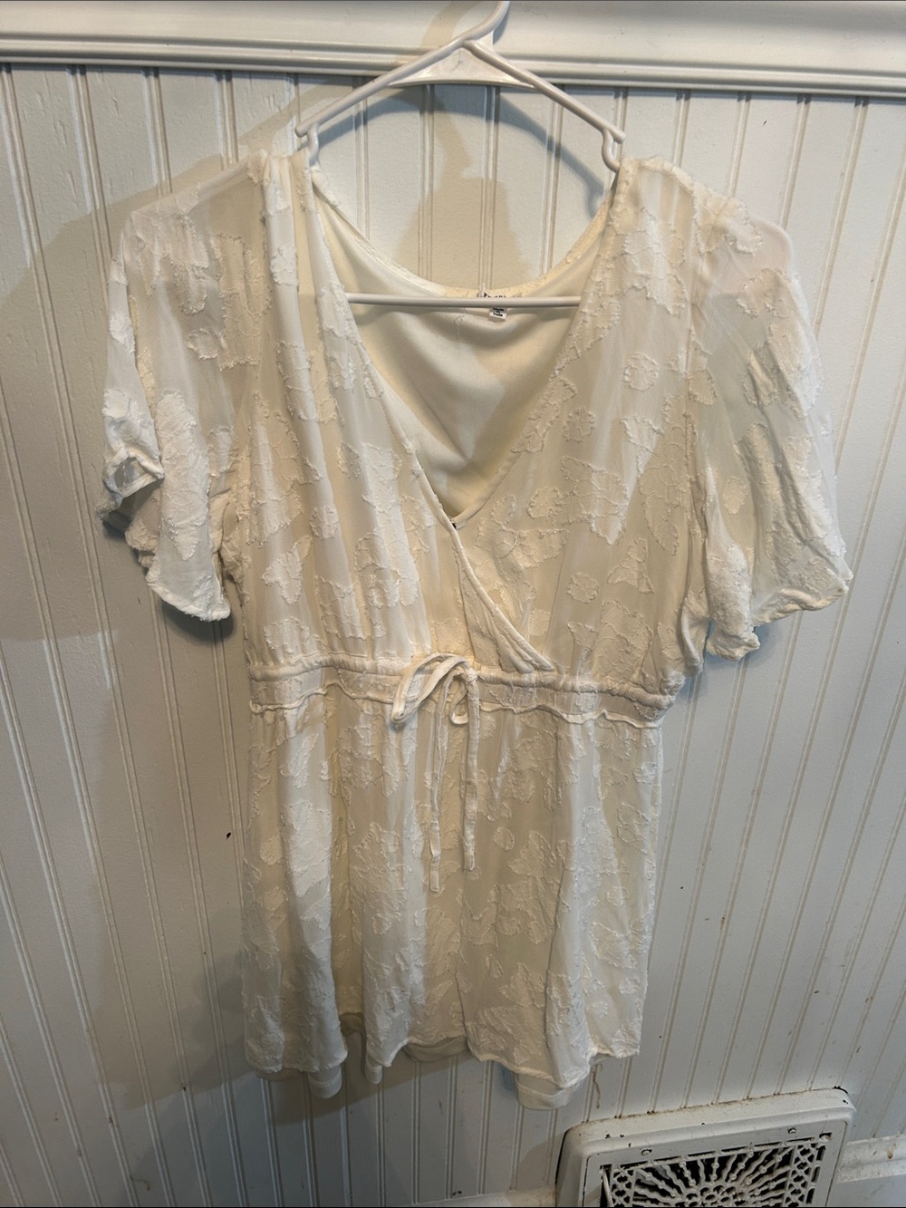 Women's White Textured  Mini  Dress  with Tie Waist